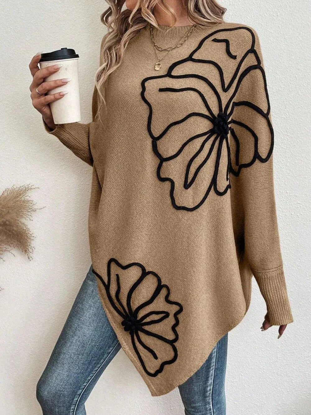 Khaki Casual Women's Asymmetrical Hem Crew Neck Sweater